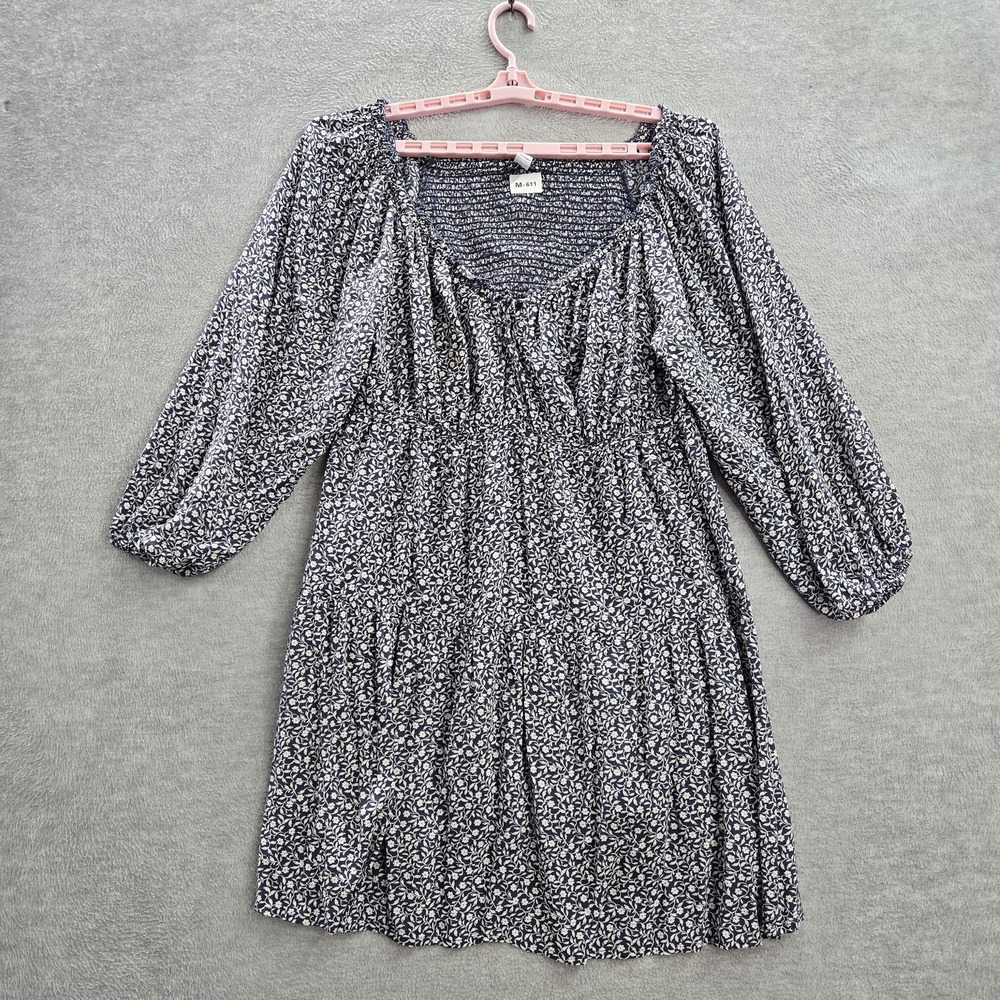 Old Navy Women Dress XL Blue Floral Mini A Line Smocked 3/4 Balloon Sleeve
